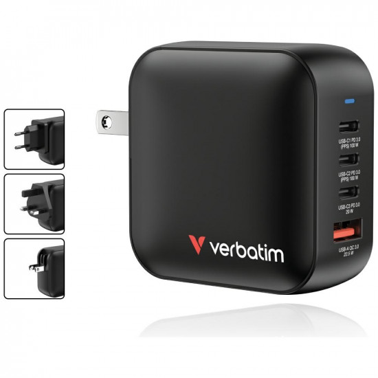 Wall Charger Verbatim Mini GaN 100W 3xUSB-C PD/1x USB-A QC black 32231