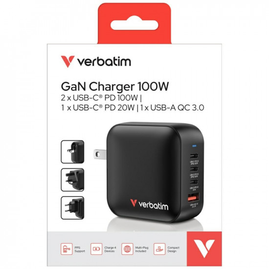 Wall Charger Verbatim Mini GaN 100W 3xUSB-C PD/1x USB-A QC black 32231