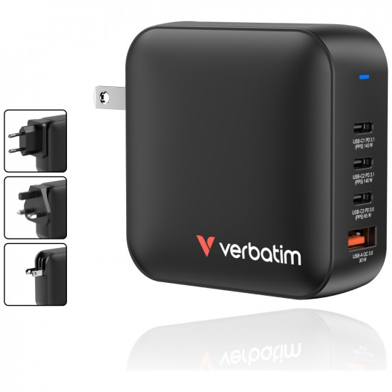 Wall Charger Verbatim Mini GaN 165W 3xUSB-C PD/1x USB-A QC black 32216