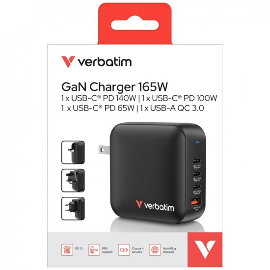 Wall Charger Verbatim Mini GaN 165W 3xUSB-C PD/1x USB-A QC black 32216