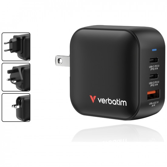 Wall Charger Verbatim Mini GaN 70W 2xUSB-C PD/1x USB-A QC black 32229