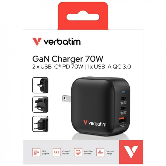 Wall Charger Verbatim Mini GaN 70W 2xUSB-C PD/1x USB-A QC black 32229