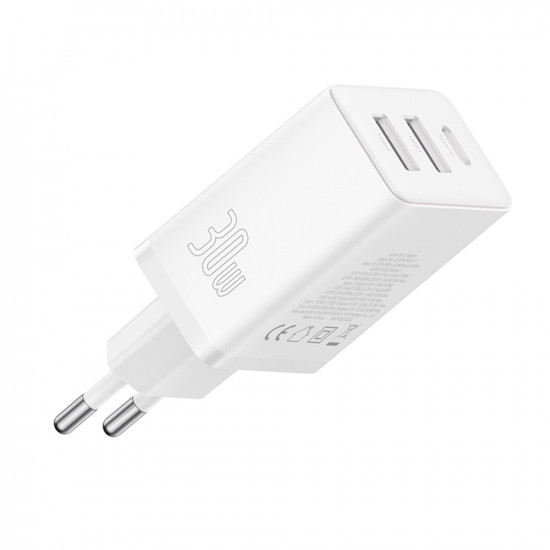 Baseus  Wall Charger (P10111402213 00)  GaN, 2x USB, Type C, Fast Charging, 30W  White