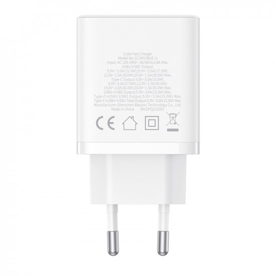 Baseus  Wall Charger (P10111402213 00)  GaN, 2x USB, Type C, Fast Charging, 30W  White