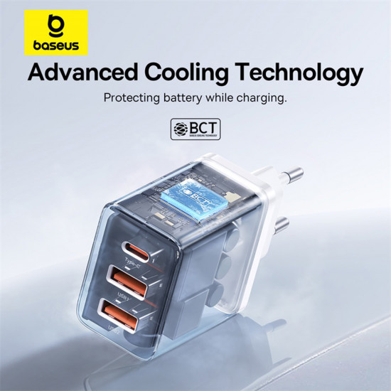 Baseus  Wall Charger (P10111402213 00)  GaN, 2x USB, Type C, Fast Charging, 30W  White