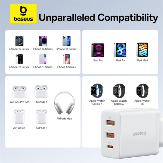 Baseus  Wall Charger (P10111402213 00)  GaN, 2x USB, Type C, Fast Charging, 30W  White