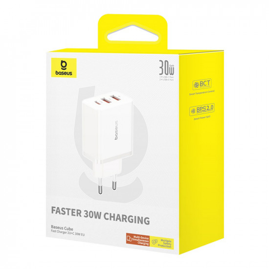 Baseus  Wall Charger (P10111402213 00)  GaN, 2x USB, Type C, Fast Charging, 30W  White