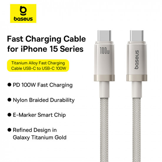 Baseus Data Cable Titanium (P10378100G21 01) USB C to Type C, 100W, Fast Charging, 480Mbps, 2m Galaxy Titanium Gold