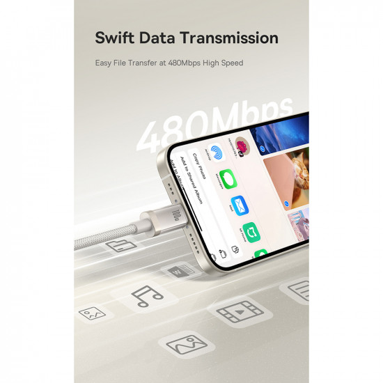 Baseus Data Cable Titanium (P10378100G21 01) USB C to Type C, 100W, Fast Charging, 480Mbps, 2m Galaxy Titanium Gold
