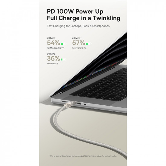 Baseus Data Cable Titanium (P10378100G21 01) USB C to Type C, 100W, Fast Charging, 480Mbps, 2m Galaxy Titanium Gold