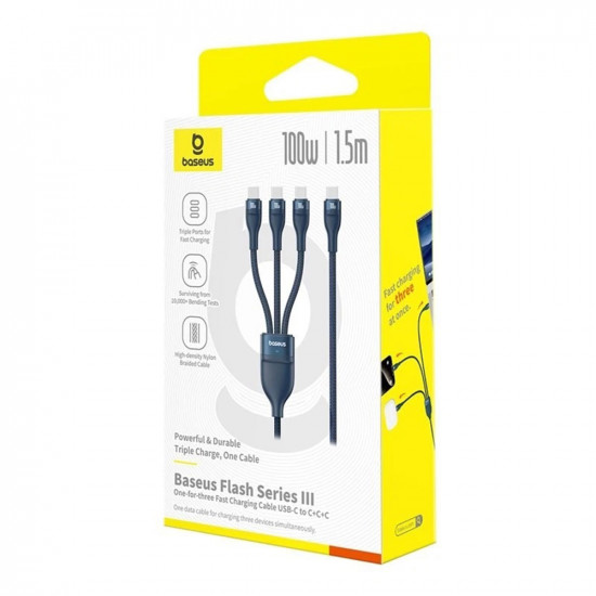 Baseus Data Cable Flash Series 3 (P10377503321 00) Fast Charge, USB C to 3x Type C, 3in1, PD100W, 480Mbps, 1.5m Blue