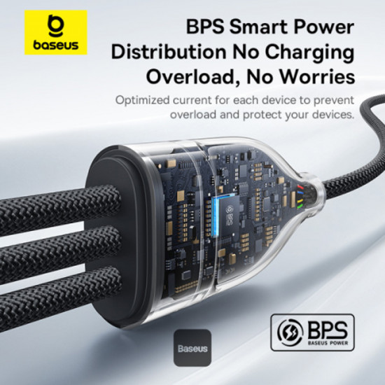 Baseus Data Cable Flash Series 3 (P10377503111 00) Fast Charge, USB C to 3x Type C, 3in1, PD100W, 480Mbps, 1.5m Black