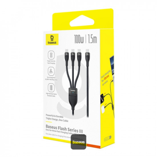 Baseus Data Cable Flash Series 3 (P10377503111 00) Fast Charge, USB C to 3x Type C, 3in1, PD100W, 480Mbps, 1.5m Black