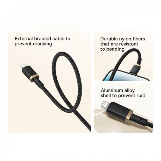 Baseus Data Cable Dura Series (P10377800U01 02) Type C to Lightning, Fast Charging, PD 20W, Nylon, 2m Gold / Black