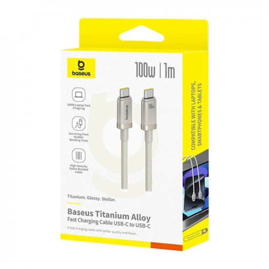 Baseus Data Cable (P10378100G21 00) Type C, Fast Charging, PD100W, 480Mbps, E Mark Smart Chip, 1m Galaxy Titanium Gold