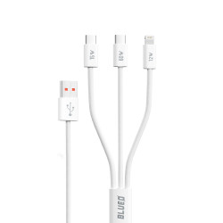 Blueo 3in1 Data Cable USB A to 2x Type C, Lightning, Fast Charging, Braided White Blueo 3in1 Data Cable USB A to 2x Type C, Lightning, Fast Charging, Braided White