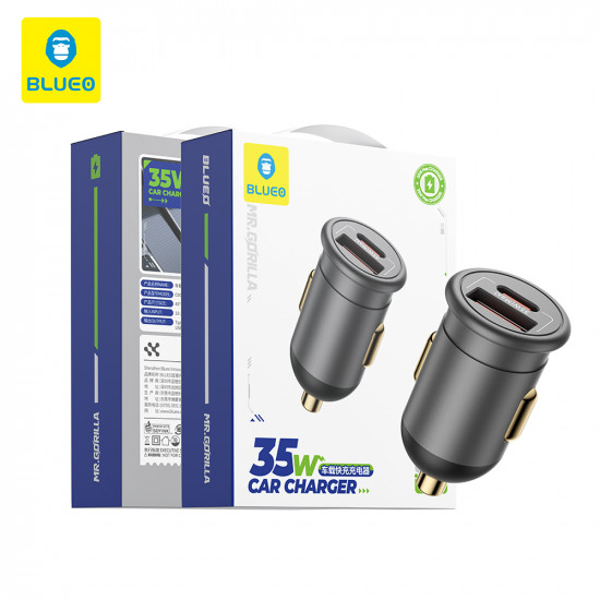 Blueo Car Charger 1x USB, 1x Type C, 35W, with Built in Protections, for 12V to 24V DC Socket, Matte Finish Grey Blueo Car Charger 1x USB, 1x Type C, 35W, with Built in Protections, for 12V to 24V DC Socket, Matte Finish Grey