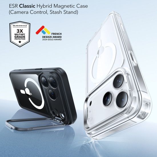 ESR Classic Hybrid HaloLock Kickstand iPhone 17 Pro Clear Black