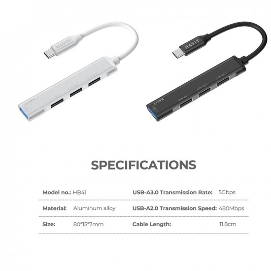 Havit Docking Station (HB41) USB 3.0, 3x USB 2.0, 11.8cm Cable Length, Aluminium Alloy Silver