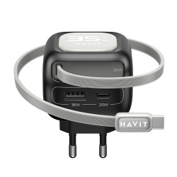 Havit Wall Charger (UC251 EU) Type C Retractable Cable, Type C, USB, GaN, 35W Black / Gray