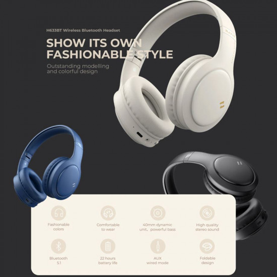 Havit Wireless Headphones (H633BT) with Microphone, Bluetooth 5.1, Foldable, Button Control, AUX, USB C, 350mAh Blue Havit Wireless Headphones (H633BT) with Microphone, Bluetooth 5.1, Foldable, Button Control, AUX, USB C, 350mAh Blue