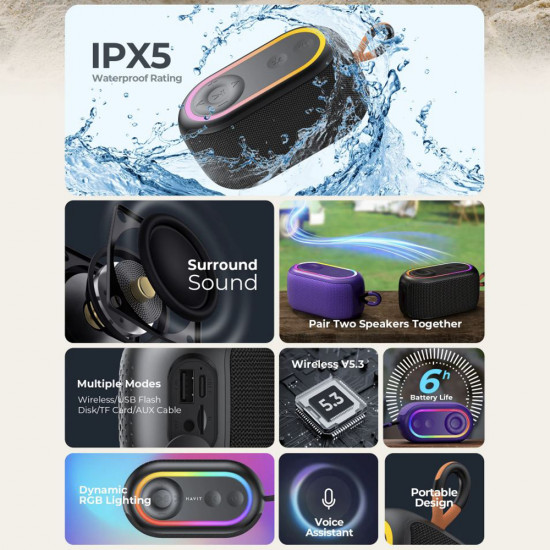 Havit Wireless Speaker (SK809BT) USB C, Bluetooth 5.3, TWS, TF, USB, FM, AUX, Hands Free Call, RGB, IPX5, 1200mAh Violet
