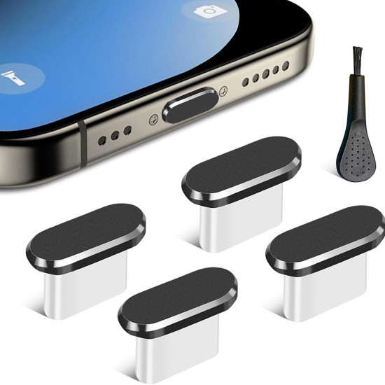Techsuit (4 pack) Dust Plug PortShieldX (AD1) Type C Port Cover, Aluminum/Silicone, for Daily Defense, with Brush Black