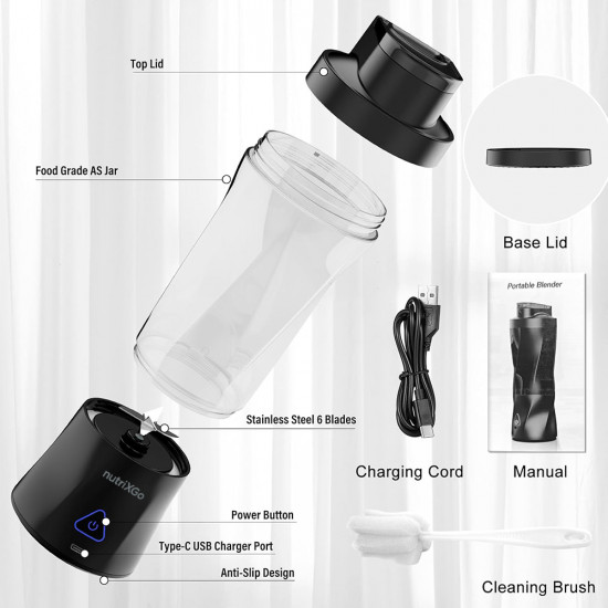 Techsuit Portable Blender nutriXGo (BP1) with Type C Cable, Rechargeable, 700ml, 20000rpm, 6000mAh Black