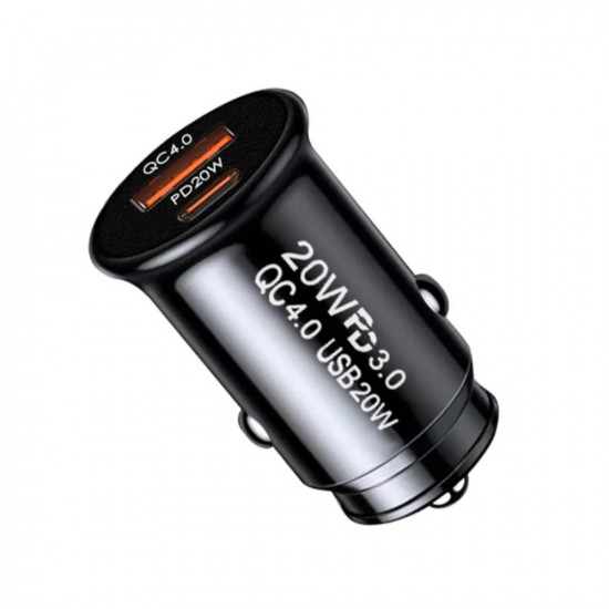 Techsuit Premium Car Charger MiniFuseX (C4) Fast Charge, Mini Design, 2in1 USB QC 4.0, Type C PD20W, ABS Black