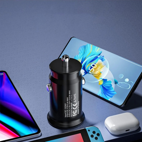 Techsuit Premium Car Charger MiniFuseX (C4) Fast Charge, Mini Design, 2in1 USB QC 4.0, Type C PD20W, ABS Black