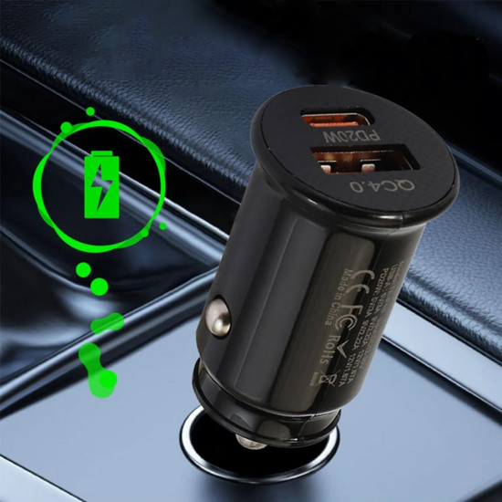 Techsuit Premium Car Charger MiniFuseX (C4) Fast Charge, Mini Design, 2in1 USB QC 4.0, Type C PD20W, ABS Black