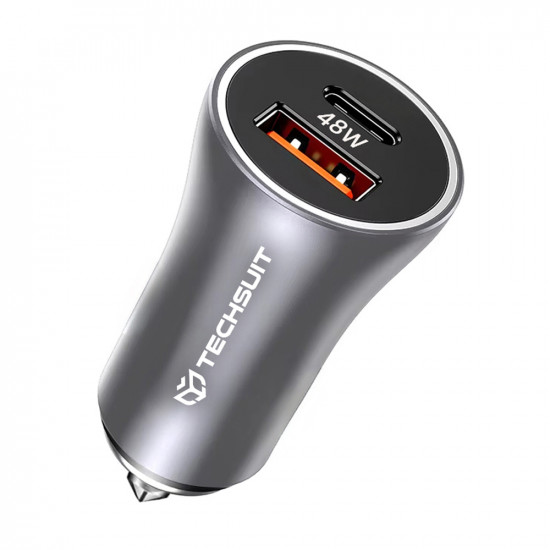 Techsuit Premium Car Charger RescueVolt (C3) with Metal Window Breaker, Fast Charge, USB QC18W, USB C PD30W, 5V/3A Grey