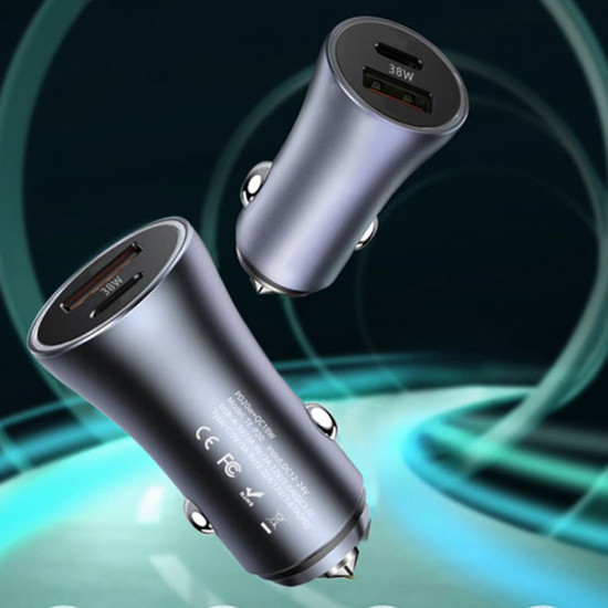 Techsuit Premium Car Charger RescueVolt (C3) with Metal Window Breaker, Fast Charge, USB QC18W, USB C PD30W, 5V/3A Grey
