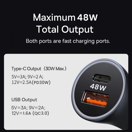 Techsuit Premium Car Charger RescueVolt (C3) with Metal Window Breaker, Fast Charge, USB QC18W, USB C PD30W, 5V/3A Grey