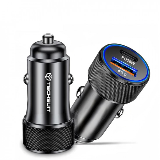 Techsuit Premium Car Charger VoltDuo (C2) with LED Light, USB QC 3.0, Type C PD30W, 5V/3A, ABS, Metal Black
