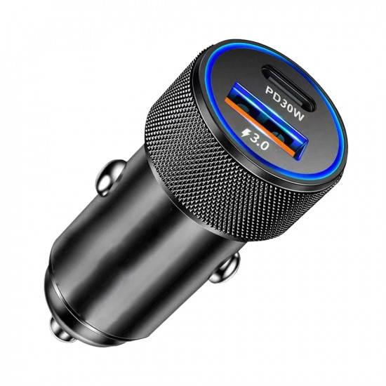 Techsuit Premium Car Charger VoltDuo (C2) with LED Light, USB QC 3.0, Type C PD30W, 5V/3A, ABS, Metal Black
