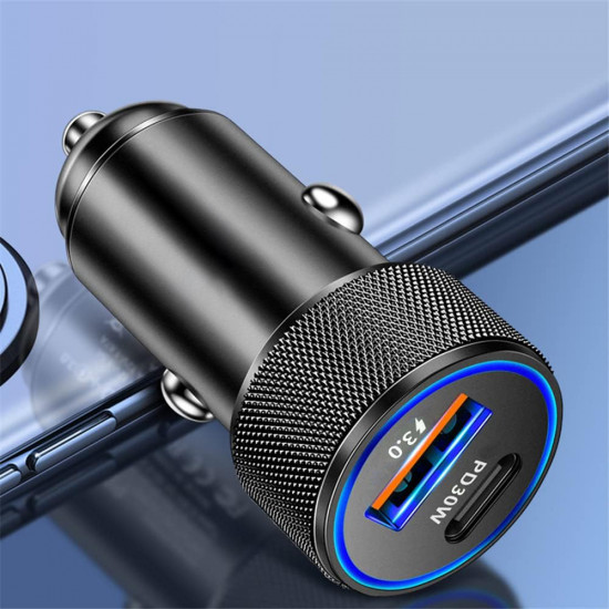 Techsuit Premium Car Charger VoltDuo (C2) with LED Light, USB QC 3.0, Type C PD30W, 5V/3A, ABS, Metal Black