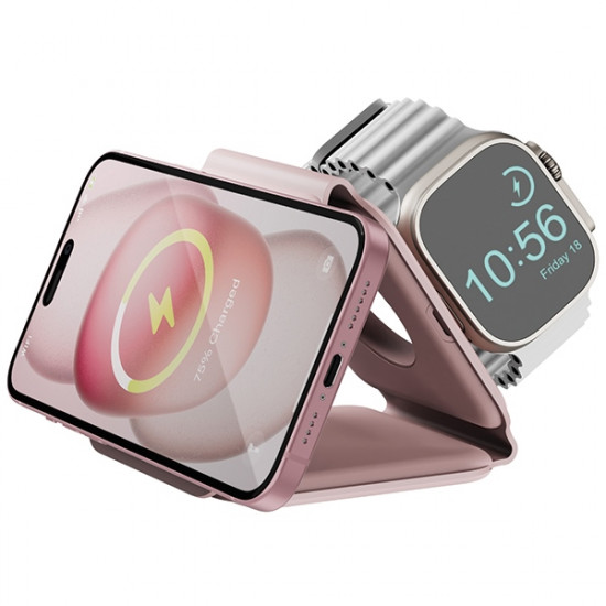 Energea Bazic GoMag Trio Plus Elevated Foldable Magnetic Wireless Charger 3in1 15W Fast Charging pink MagSafe