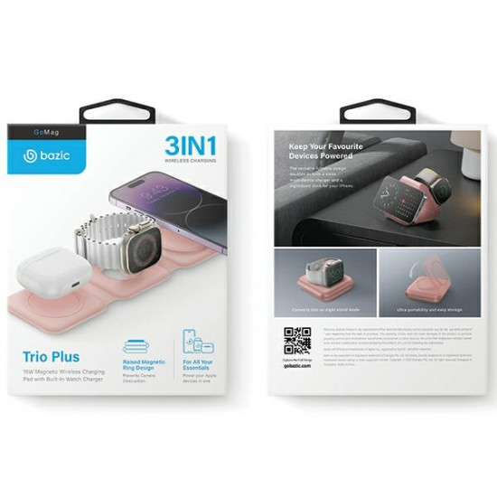 Energea Bazic GoMag Trio Plus Elevated Foldable Magnetic Wireless Charger 3in1 15W Fast Charging pink MagSafe