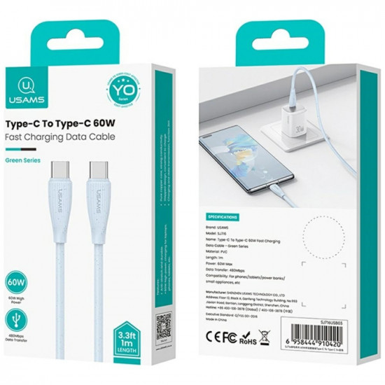 Cable USAMS Green Series SJ716 60W USB-C to USB-C 1m blue