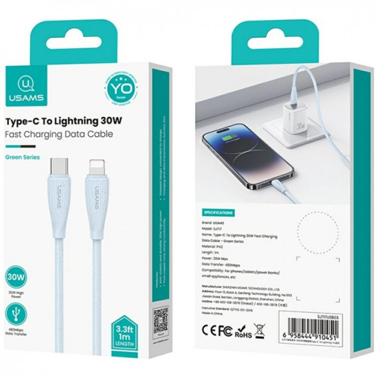 Cable USAMS Green Series SJ717 30W USB-C to Lightning 1m white