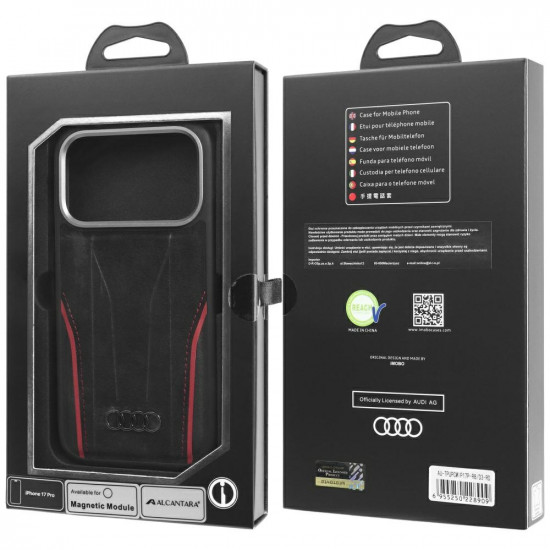 Case Audi R8 Genuine Leather MagSafe for iPhone 17 Pro black-red
