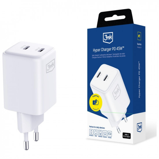 3MK Hyper Charger PD 45W GaN QC4+ PPS 2C Super-Fast Charge 2.0 Wall Charger White