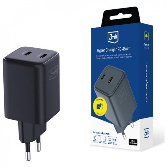 3MK Hyper Charger PD 45W GaN QC4+ PPS 2C Super-Fast Charge 2.0 Black 3MK Hyper Charger PD 45W GaN QC4+ PPS 2C Super-Fast Charge 2.0 Black