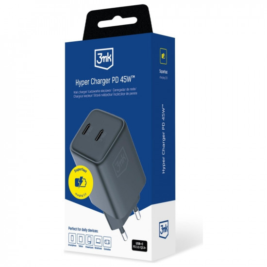 3MK Hyper Charger PD 45W GaN QC4+ PPS 2C Super-Fast Charge 2.0 Black 3MK Hyper Charger PD 45W GaN QC4+ PPS 2C Super-Fast Charge 2.0 Black