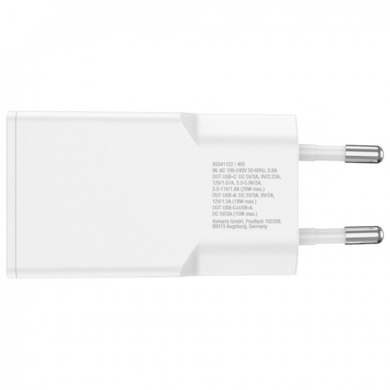 Wall Charger 4smarts PDPlug Slim Duos 20W GaN USB-C+USB-A + USB-C cable 1.5m white