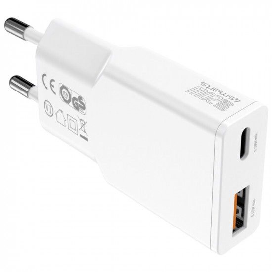 Wall Charger 4smarts PDPlug Slim Duos 20W GaN USB-C+USB-A + USB-C cable 1.5m white
