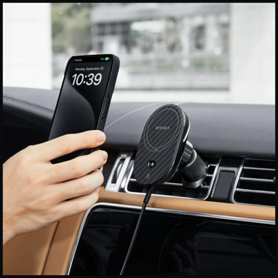 Car mount with wireless charger PITAKA MagEZ Pro 2 Qi2 15W NFC MagSafe black gray