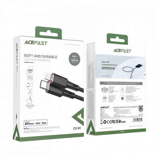 Acefast C2-01 USB-C to Lightning zinc alloy silicone charging data cable black