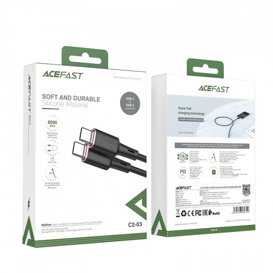 Acefast C2-03 USB-C to USB-C zinc alloy silicone charging data cable black